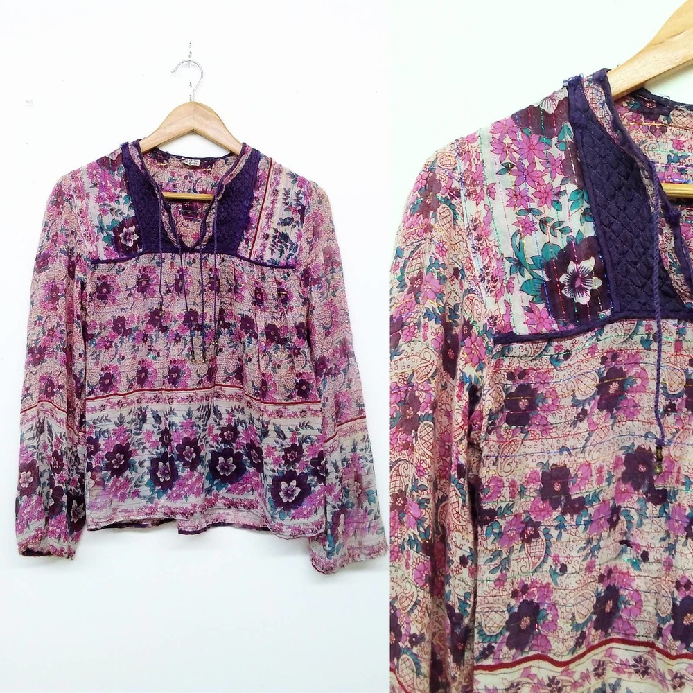 Vintage 70s Boho Cotton Purple Blocked Print Metallic Thread Bell Ties